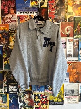 Cotton On Grey Crewneck Sweater with Navy NY Applique